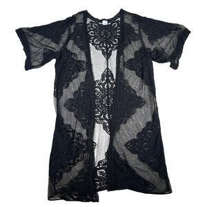 Black Lace Kimono Cardigan Duster Sheer Boho Festival Whimsigoth Witchy long